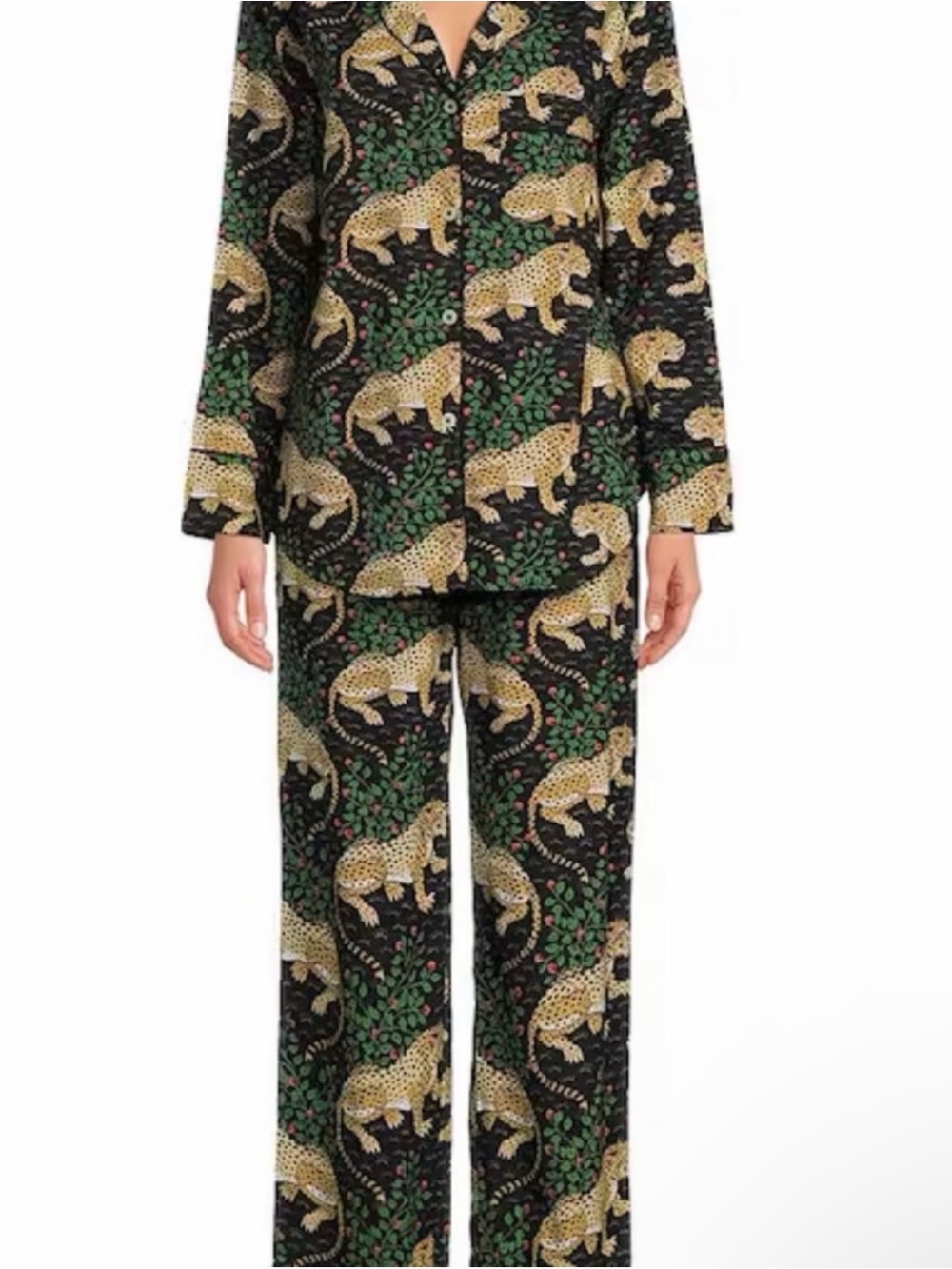 Printfresh Black Pajama Set with Green Leaf and Gold Leopard Print